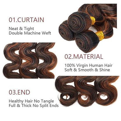 P1B30 Highlight Body Wave Bundles Black Mixed With Light Brown Body Wave Bundles Brazilian Wavy Weave With Soft and Silky for Women 12 12 12 Inch