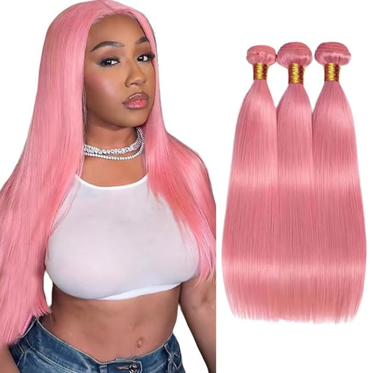 28 30 32 Inch Pink Human Hair Bundles Pink Straight Bundles Niegmeag Peruvian Virgin Remy Hair Extensions Double Weft Soft and Skily Hair Weave