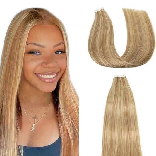 28 Inch Tape In Hair Extensions HuxoWax P27/613 Straight Hair Extensions Double Weft Highlight Blonde VirgIn Soft And Silky Remy Hair