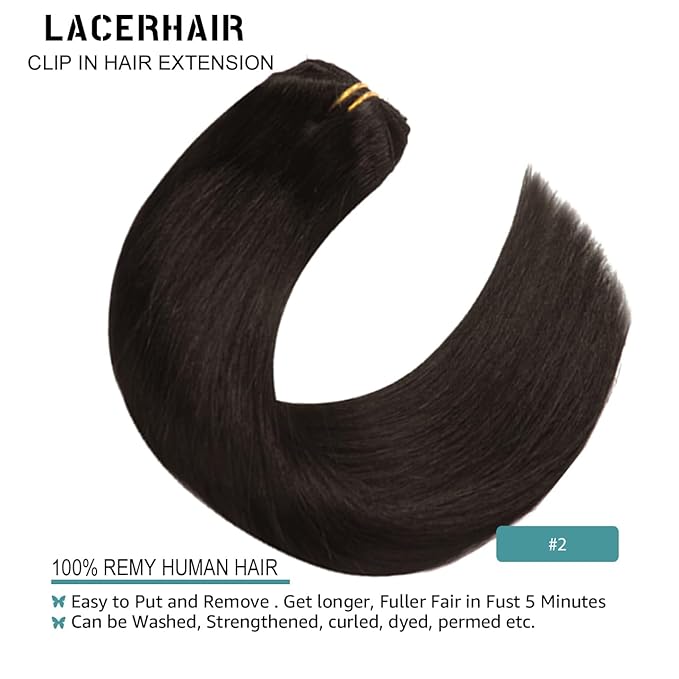 Lacer Brown Hair Extensions Clip in Human Hair 120g 7 pcs Double Weft Straight Lace Clip in Hair Extensions in Darkest Brown #2 14 Inch Full Head Set Clip Ins