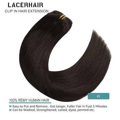 Lacer Brown Hair Extensions Clip in Human Hair 120g 7 pcs Double Weft Straight Lace Clip in Hair Extensions in Darkest Brown #2 14 Inch Full Head Set Clip Ins