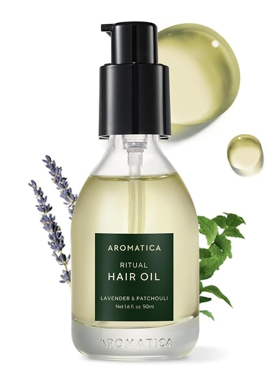 AROMATICA Ritual Lavender & Patchouli Hair Oil - Adds Shine and Smooths Split Ends - Blow Out Hair Oil for Damaged Hair - Nourishing for Dry Curly Hair - Silicone-Free & EWG Verified (1.6 fl oz)
