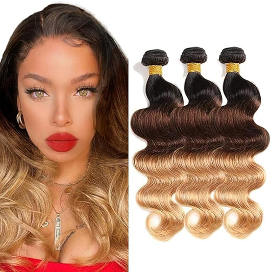 Ombre Body Wave Bundles Blonde Human Hair Bundles 20 22 24 Inch Brazilian 8A Virgin Hair Extensions 3 Tone Brown and Honey Blonde Body Wave Hair Weave