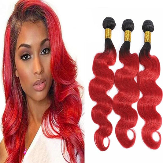 Ombre Human Hair Bundles 1B/Red Body Wave Human Hair Bundles 18 20 22 inch Two Tone Brazilian Virgin Remy Hair Extensions Soft and Silky For Women