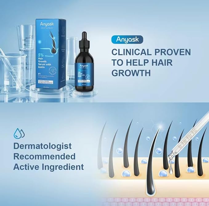 Anyash 5% Minoxidil Hair Growth Oil For Men and Women, Biotin Infused Serum For Hair Regrowth and Thinning, Natural Treatment for Thicker, Longer, Fuller, Healthier Hair, 60ml