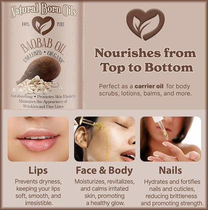 Natural Born Oils Baobab Oil, 16oz, Organic, Cold-Pressed, Nutrient-Dense, Deep Moisturizing for Skin, Hair Revitalizer