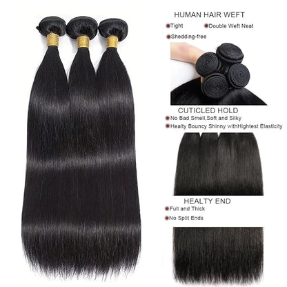 Straight Hair Bundles Natural Black Straight Human Hair Bundles Silky Soft 16 18 20 Inch Double Weft Brazilian Unprocessed Remy Hair Extensions Tangle Free Deals
