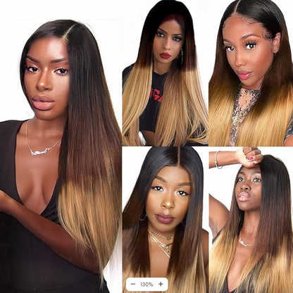 T1B4/27 Human Hair Bundles Ombre Blonde Straight Bundles 18 20 22 Inch 3 Tone Brown And Honey Blonde Straight Bundle Double Weft Hair Weave