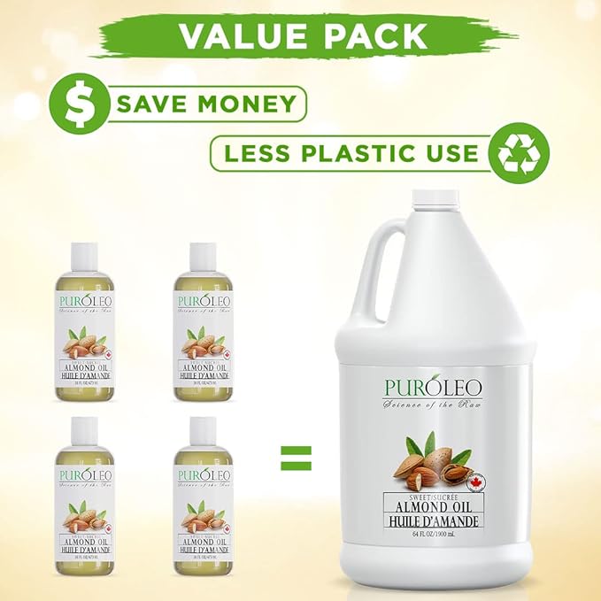 PUROLEO Sweet Almond Oil 64 Fl Oz/1900 ML 100% Natural and Pure | Moisturizer & Carrier Oil | Beauty & DIY Blends, Massage Oil, Body Oil, Hair Oil and Baby Oil | Made from Almonds raw