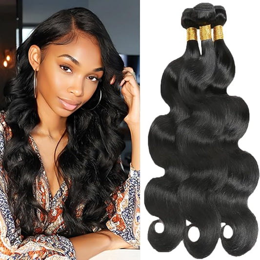 #1B Human Hair Body Wave Bundles Color 1B Body Wave Bundles Double Weft Weave Extensions Brazilian Human Hair Soft and Silky for Black Women 22 22 22 Inch