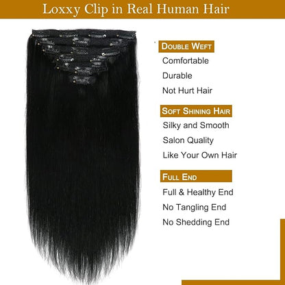 Loxxy Clip in Hair Extensions New Version Thickened Double Weft Brazilian Human Hair Thick Silky Straight Clip in Human Hair Extensions 20 Inch Jet Black #1 140g 7 pcs 16 Clips