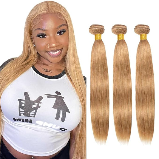 #27 Honey Blonde Bundles Straight Human Hair Bundles 20 22 24 Inch 3 Bundles Unprocessed Brazilian Virgin Hair Weave 50 Grams Per Bundle Blonde Human Hair Extensions For Woman