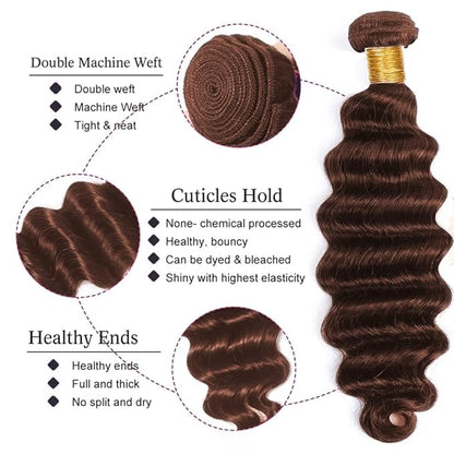 #4 Brown Bundles Human Hair Deep Wave Bundles 14 14 14 Inch Human Hair Weave 3 Bundle Unprocessed Brazilian Virgin Hair Chocolate Brown Deep Curly Human Hair Extensions 50 Grams/Bundle