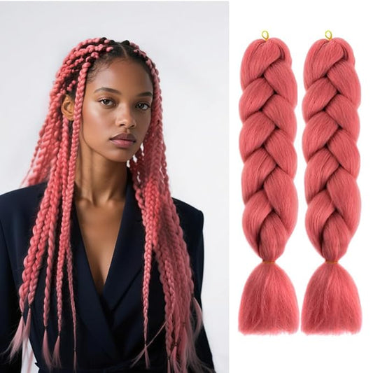 6 Packs Ombre Jumbo Braiding Hair Extensions 24 Inch High Temperature Synthetic Fiber Hair Extensions for Box Braids Braiding Hair (Rouge Pink)