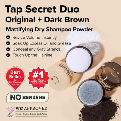 I DEW CARE Tap Secret Dry Shampoo Powder with Biotin - Tap Secret Original & Dark Brown Duo set | Strengthening & Volumizing, Powder Type, Refillable, Travel size, 0.24 Oz * 2ea