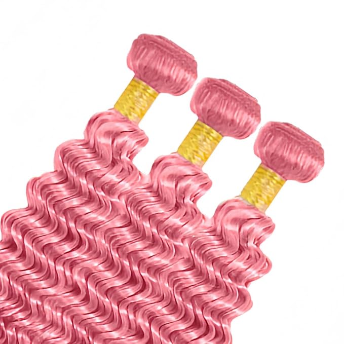 Pink Human Hair Bundles Pink Deep Wave Bundles 20 22 24 Inch Niegmeag Peruvian Virgin Soft and Skily Remy Hair Extensions Light Pink Color 300g