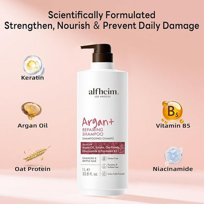 ALFHEIM Argan+ Repairing Shampoo | Argan Oil & Hydrolyzed Keratin for Deep Hydrating & Strengthening | Sulfate-Free for Dry, Damaged ＆ Fragile Hair | Reduce Breakage and Frizz | 33.8 fl oz