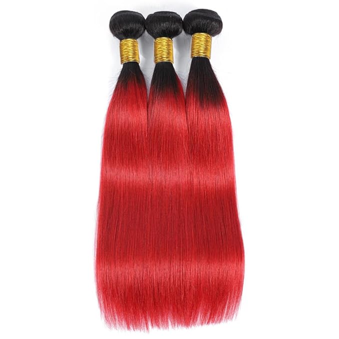 1B/Red Straight Human Hair Bundles 22 24 26 inch Double Weft Brazilian Virgin Remy Hair Extensions Two Tone Black Roots To Red Human Hair Bundles Soft and Silky For Women