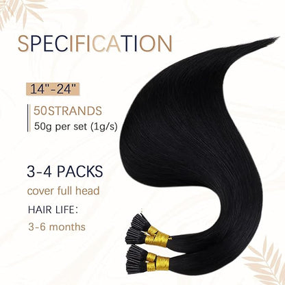 RUNATURE I Tip Hair Extensions Human Hair, Silky Long Hair Extensions I Tip Natural Looking Straight Remy Hair for Women 18inch 50G 60s #1 Jet Black