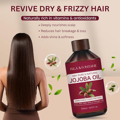 ISLA & FONTANE Jojoba Oil – 500ml (17 fl oz) | 100% Pure & Natural | Golden, Unrefined, Cold Pressed | Hexane-Free Carrier Oil for Skin, Hair, Face, Nails & Body Moisturizing