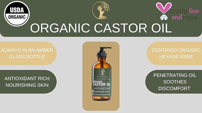 Four Leaf Naturals Organic Unrefined Castor Oil - 8 oz | USDA Certified | Cold-Pressed | Hexane-Free | For Hair, Skin & Digestion