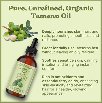 Natural Born Oils Tamanu Oil, 8oz, Organic, Cold-Pressed, Rich in Calophyllolide, Ideal for Moisturizing Skin, Strengthening Hair