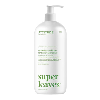 ATTITUDE Nourishing Hair Conditioner, For Dry and Damaged Hair, Naturally Derived Ingredients, Vegan Detangler, Dermatologically Tested, Grapeseed Oil and Olive Leaves, 32 Fl Oz