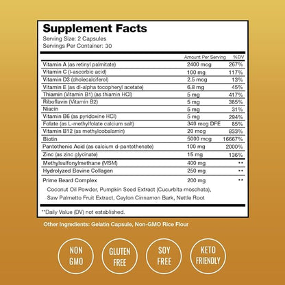 NutraChamps Prime Beard Vitamins | Manly, Thick, Fast & Healthy Facial Hair for Men | Beard Vitamins with Biotin, Collagen & Saw Palmetto | Beard Pills for All Hair & Beard Types