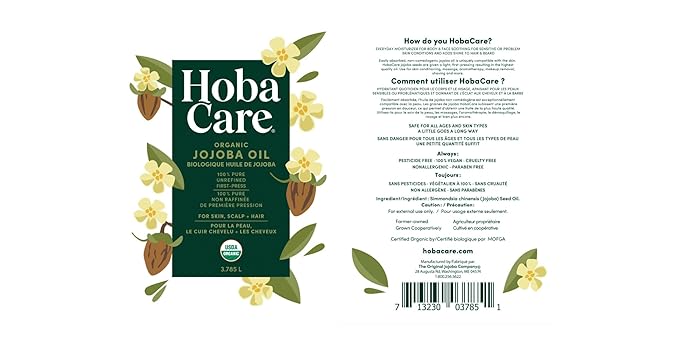 HobaCare Organic Jojoba Oil Bulk - Unrefined Carrier Oil for Soap Making, Hair, Face, Beard, Scalp, Massage, Skincare Spa - Natural, Pure, Hexane Free, Long Shelf Life (128 oz Gallon)