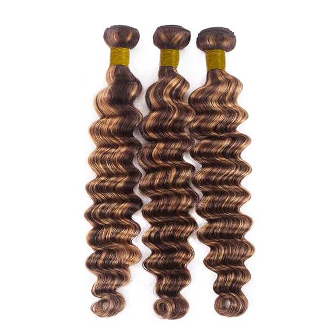 P1B/30 Human Hair Bundles Highlight Deep Wave Bundles 12 14 16 Inch Unprocessed Brazilian Virgin Remy Hair Extensions Silky Soft Ombre Light Brown Hair Weave