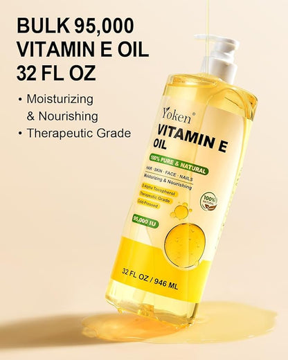 Yoken Vitamin E Oil 32 Fl Oz Organic Vitamin E oil for Skin 95,000 IU Vitamine oils for Scars Hair,Face,Nail,Scalp Perfect DIY Bath and Body Oil Cold Pressed Hexane Free Non-GMO Gluten Free Formula