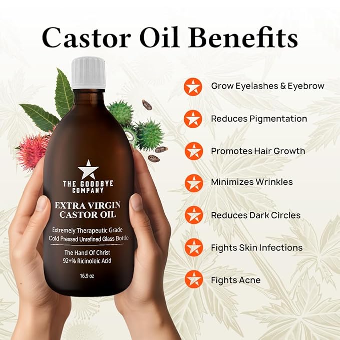 The Goodbye Company Organic Castor Oil – 100% Pure Extra Virgin, Cold-Pressed & Unrefined – Hexane-Free – Nourishing Oil for Healthy Skin, Hair Growth & Eyelashes (250mL)