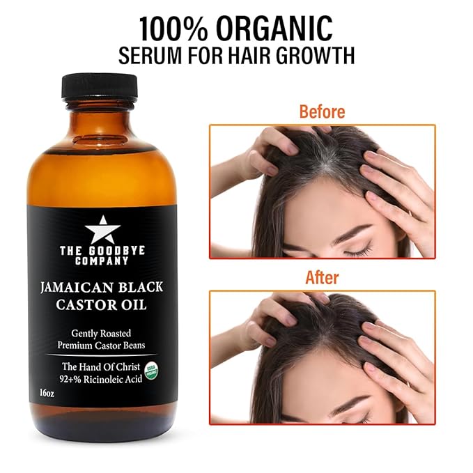 The Goodbye Company Black Castor Oil for Hair Growth – Organic, Cold-Pressed & Unrefined 100% Pure & Hexane-Free - Glass Bottle (450mL) Nourishing Oil for Eyebrow, Eyelash & Stronger Hair (16.9 oz)