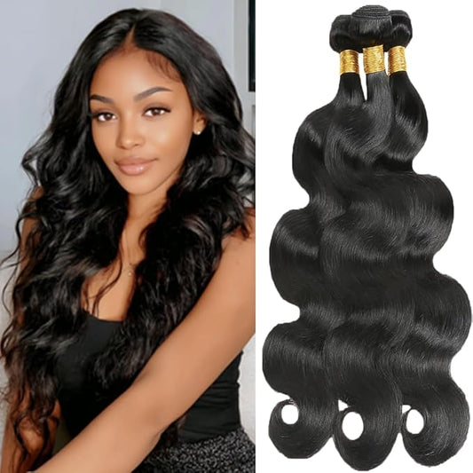 Color 1B Human Hair Bundles Body Wave Bundles Natural Color Body Wave Brazilian Human Hair Weave Extensions Soft and Silky for Black Women 20 22 24 Inch