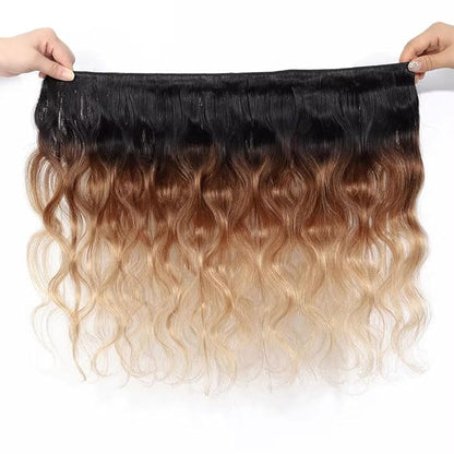 Ombre Bundles Human Hair Blonde Body Wave Bundles 12 14 16 Inch Niegmeag Virgin Remy Hair Extensions Double Weft 3 Tone Brown and Honey Blonde Bundle