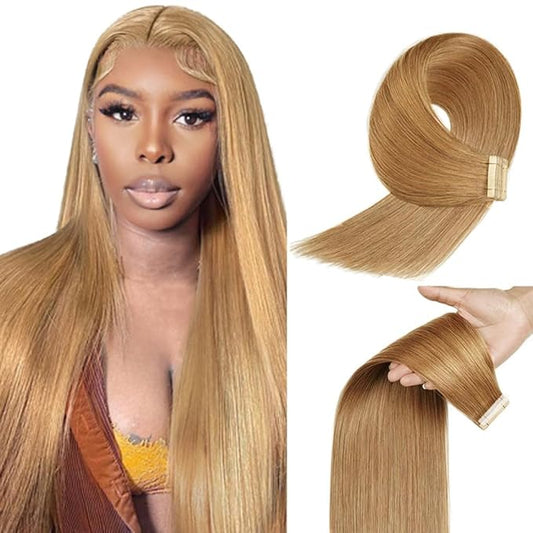 Tape In Hair Extensions 24 Inch Color #27 Straight Hair Extensions HuxoWax Double Weft Invisible Honey Blonde VirgIn Soft And Silky Remy Hair