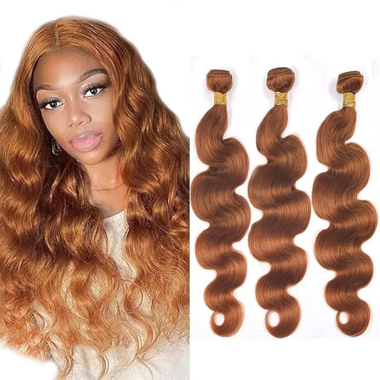 Color 30 Light Brown Human Hair Bundles Brown Body Wave Bundles Human Hair 12 14 16 Inch Double Weft Brazilian Virgin Remy Hair Extensions Silky Soft 3Pcs/Set