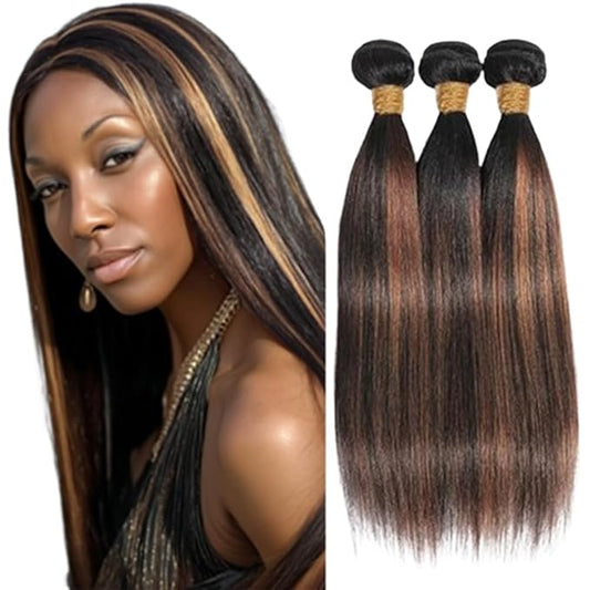 P1B30 Human Hair Bundles Straight Bundles Human Hair Black and Brown With Highlights Brazilian Weave Soft and Silky for Women 28 28 28 Inch