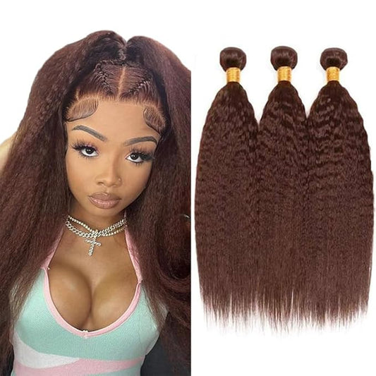 #4 Brown Bundles Human Hair Yaki Straight Bundles 26 28 30 Inch Human Hair Weave 3 Bundle Unprocessed Brazilian Virgin Hair Dark Brown Kinky Straight Human Hair Extensions 50 Grams/Bundle