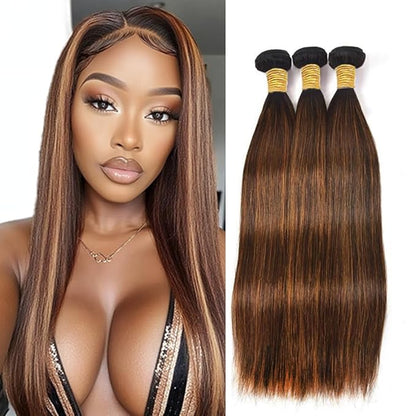 Ombre Straight Bundles Human Hair P430 Highlight Brown and Light Brown two tone Double Weft Brazilian Human Hair Soft and Silky for Black Women 18 20 22 Inch