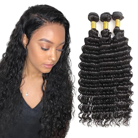 Deep Wave Bundles Color #1B Deep Wave Human Hair Bundles Grade 8A Peruvian Virgin Hair Mixed Length 3 Bundles 24 26 28 Inch Natural Color Deep Wave Bundles Human Hair #1B Bundles