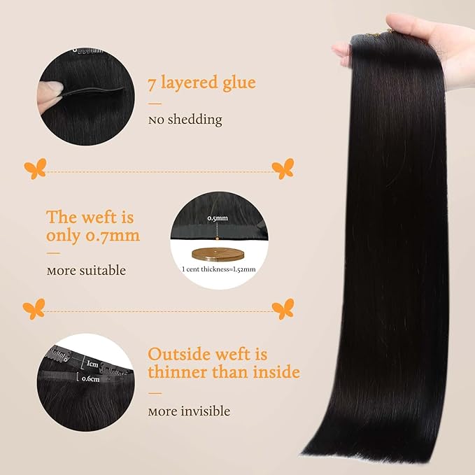 DOORES Clip in Hair Extensions, Natural Black 130g 7pcs 16 Inch, Thick Virgin Human Hair Clip in Extensions Natural Silky Weft for Women