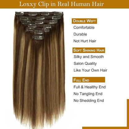 Loxxy 9A Grade Remy Human Hair Chocolate Brown to Caramel Blonde Thick Silky Straight Clip in Double Weft Natural Human Hair Extensions Clip in Thick Silky Straight Hair 20 Inch 140g