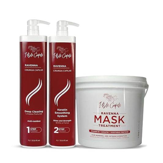 Ravenna Cirugia Capillar Kit - Shampoo + Hair Surgery System (1 Kg/35.2 fl oz) Formaldehyde-Free + Hair Mask for Damaged Hair (1,5 Kg/52.9 fl oz) - Straightening & Moisture for All Hair Types (3 Pack)