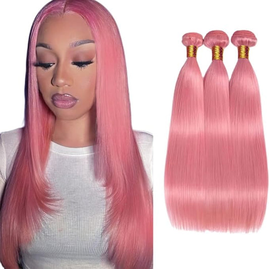 Pink Human Hair Bundles Light Pink Straight Bundle Mixed Length 3 Bundles 16 18 20 Inch Niegmeag Virgin Soft and Skily Remy Hair Extensions