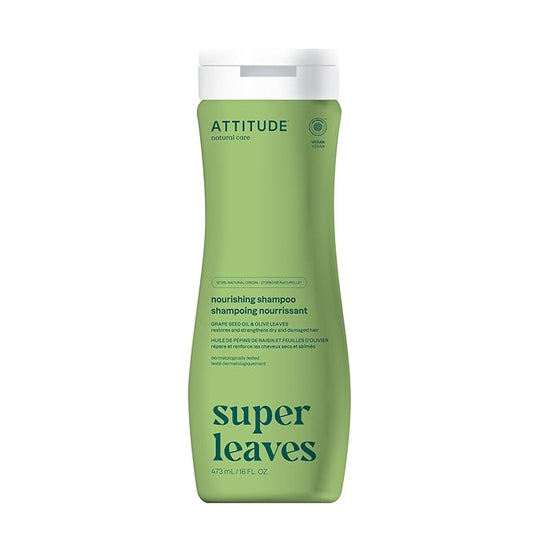 ATTITUDE Nourishing Hair Shampoo, EWG Verified, For Dry and Damaged Hair, Naturally Derived Ingredients, Vegan and Plant Based, Grapeseed Oil and Olive Leaves, 16 Fl Oz