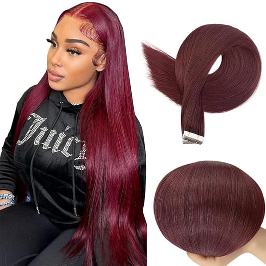 Tape In Hair Extensions 24 Inch HuxoWax 99J Straight Hair Extensions Double Weft Invisible Burgundy VirgIn Soft And Silky Remy Hair