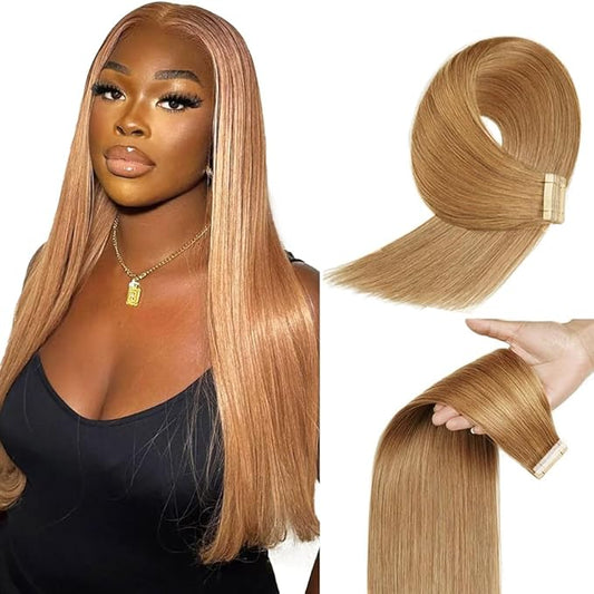 26 Inch Tape In Hair Extensions Color #27 Straight Hair Extensions HuxoWax Double Weft Invisible Honey Blonde VirgIn Soft And Silky Remy Hair