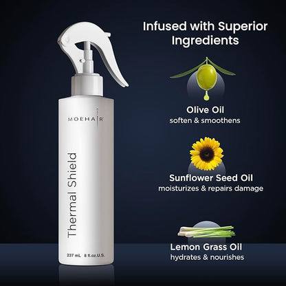 MOEHAIR Heat Protection Spray | Oil-rich Ingredients | Hair Dryer & Flat Iron Protectant | Strong, Shiny, Anti-frizz | Sulfate & Paraben-Free (8 Fl Oz)