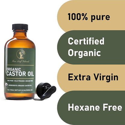 Four Leaf Naturals Organic Unrefined Castor Oil - 8 oz | USDA Certified | Cold-Pressed | Hexane-Free | For Hair, Skin & Digestion